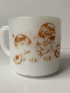 Vintage Beatles White Ceramic Milk Mug Merch with Orange Fab 4 "YEA! YEA! YEA!"
